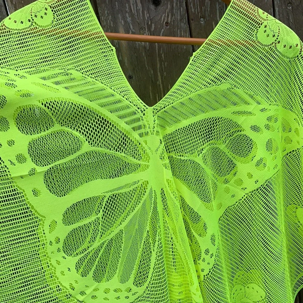 GECKO Neon Green Crochet One Piece Swim Cover Up NWT